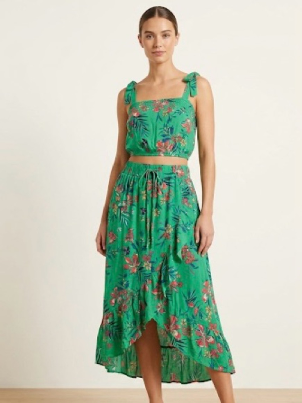 Floral Green High-Low Drawstring Skirt